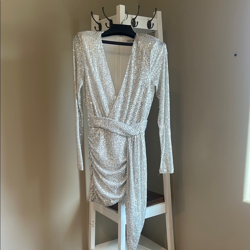 Elegant Silver Sequin Wrap Dress